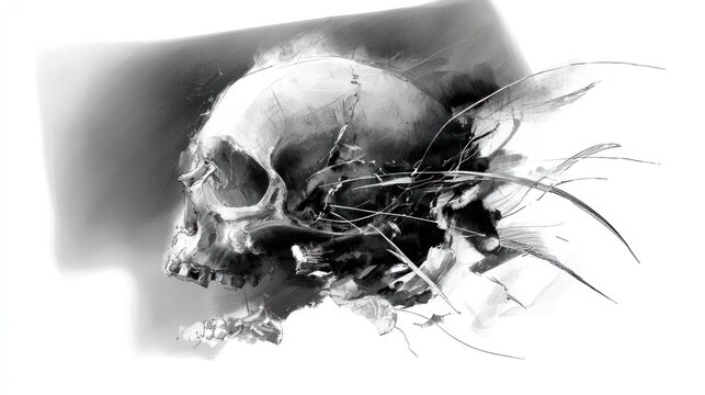 Monochrome skull illustration with abstract elements on white background