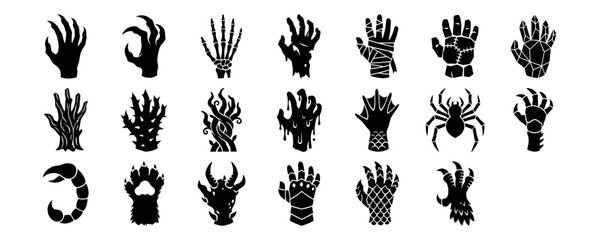 Obraz premium Collection of various fantasy creature hand silhouettes including monster claws skeleton hands and mythical beast appendages
