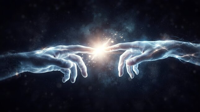 Abstract concept of two hands reaching and touching with glowing light, touching