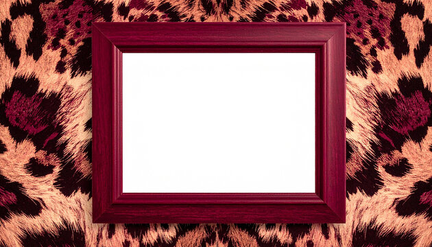 Dark maroon wooden picture frame mockup centered on vibrant leopard animal print pattern. Empty photo frame template with copy space on wild animal fur skin texture backdrop.