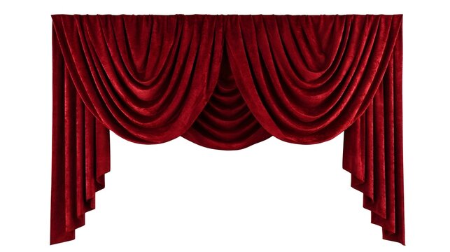 Swag red velvet curtain valance with decorative folds for theater window treatment isolated on white background background luxury textile element for interior design set