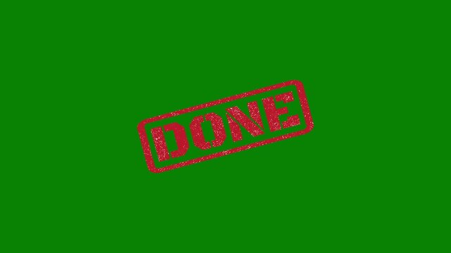 Done rubber stamp seal with distressed texture stamping animation on green background 4k
