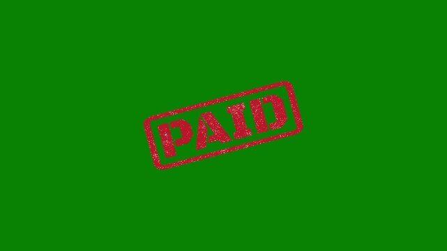 Paid rubber stamp seal with distressed texture stamping animation on green background 4k