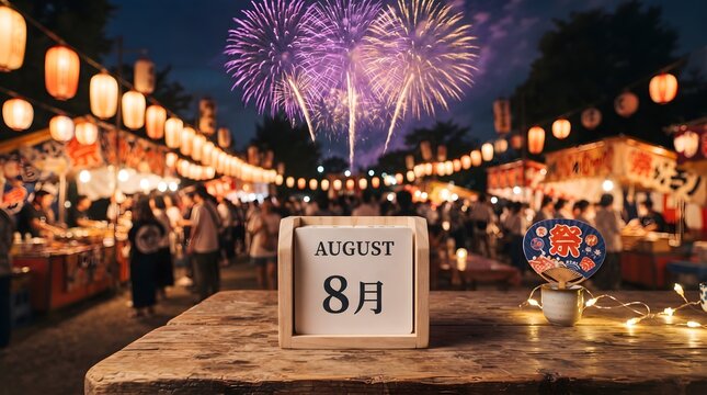 Wooden calendar block displaying august in japanese during a festive night
