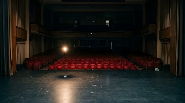 A single illuminated light bulb on an empty theater stage with red seats