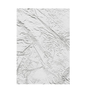 Rectangular silver aluminum foil sheet with soft diagonal folds on white background, metallic texture isolated