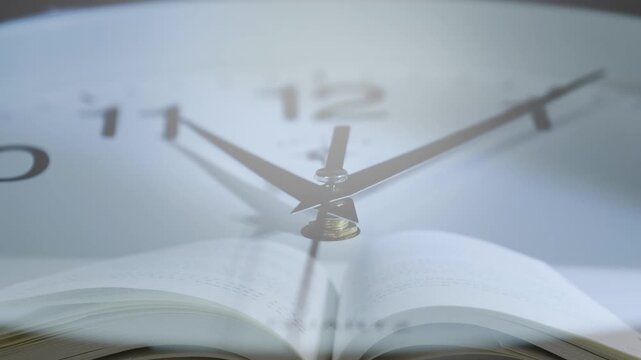 Double exposure clock face covering city with blue sky and white clouds, time lapse abstract background 4K