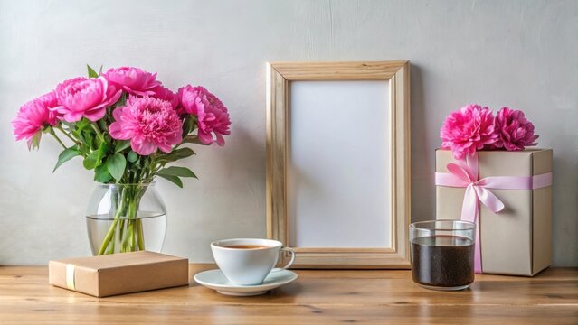 Peaceful morning scene with pink blooms, a blank frame, gifts, and tea