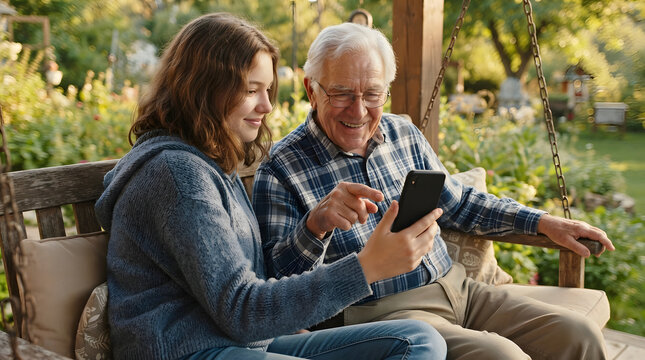 Granddaughter teaching grandfather to use smartphone on sunny porch, intergenerational technology sharing