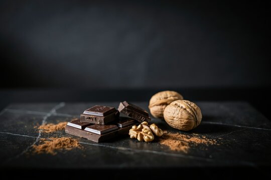 A stack of dark chocolate squares with whole walnuts and walnut pieces arranged on a textured black marble surface with cocoa powder dust