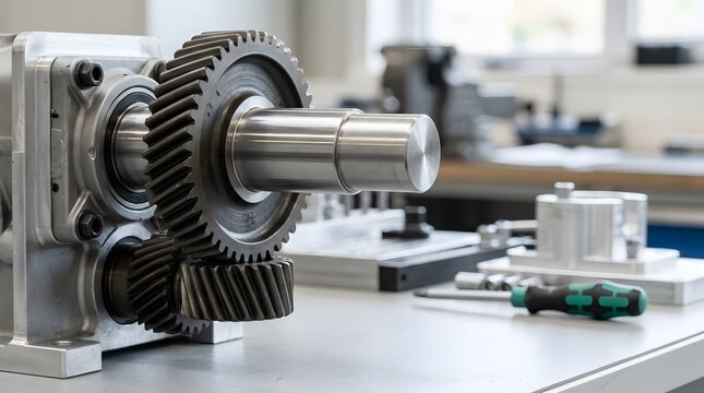 hardened helical gear mounted on precision steel shaft for industrial transmission systems, mechanical engineering and high torque machinery