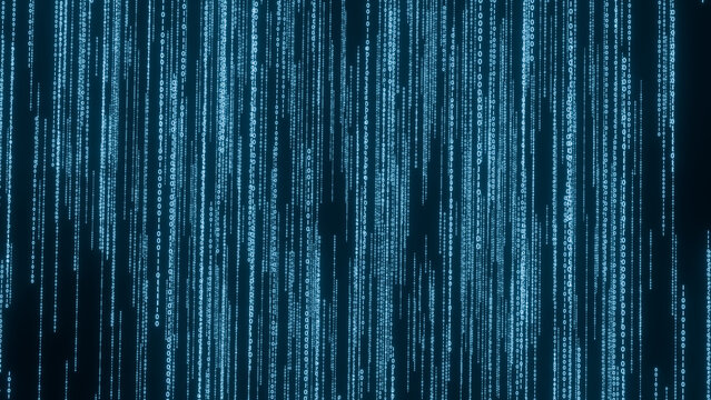 Digital binary code streams create futuristic and technological atmosphere, representing data and information flow