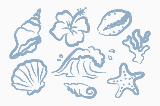 Ocean Shells and Tropical Beach Doodle Vector Set