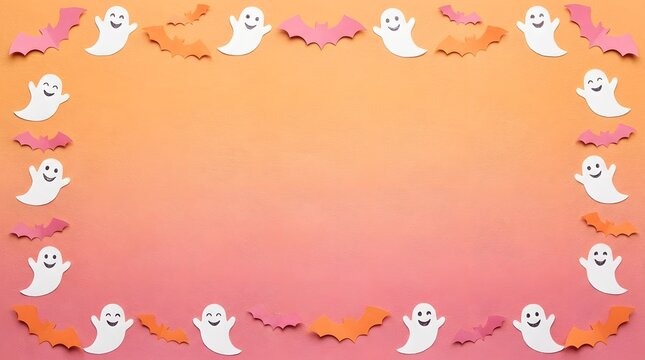 Halloween border with cute ghosts and bats on orange pink gradient background.