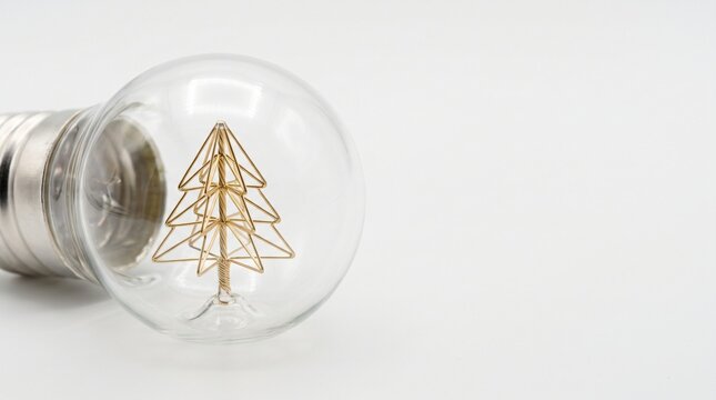 Golden wire Christmas tree inside transparent glass light bulb filament on white surface for creative festive idea concept