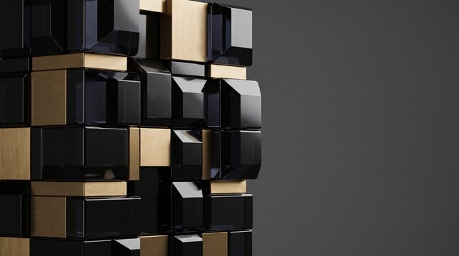 Luxury 3D abstract background featuring black obsidian cubes and gold metallic blocks in a staggered geometric structure for high end design