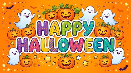 Fototapeta premium Happy halloween illustration with cute ghosts and smiling pumpkins on orange background for seasonal card.