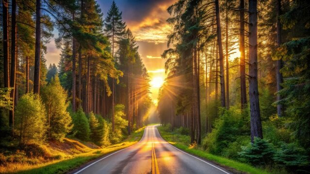 Asphalt road stretching through a sunlit forest at sunset, with tall trees lining the path and golden hour light illuminating the scene