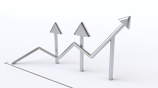 Dynamic Silver Arrow Chart Illustrates Growth and Fluctuation on a Clean White Background, Symbolizing Business Trends and Progress