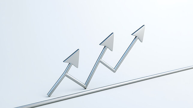Dynamic chrome arrows ascend on a white surface, illustrating growth and progress in business, finance, and investment concepts