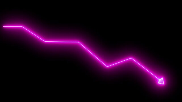 Neon pink financial downtrend graph arrow animation on black background, glowing finance business