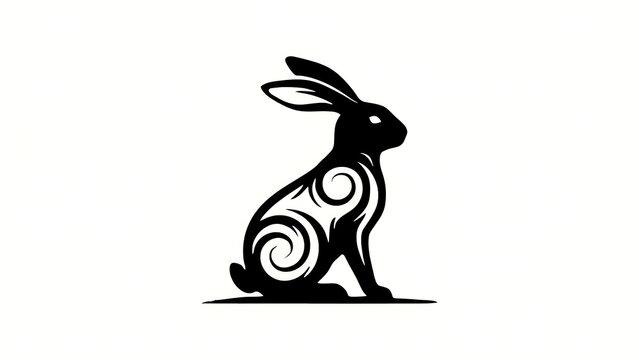 Minimalist rabbit silhouette with tribal swirl patterns, black hare icon on white background, elegant animal logo design