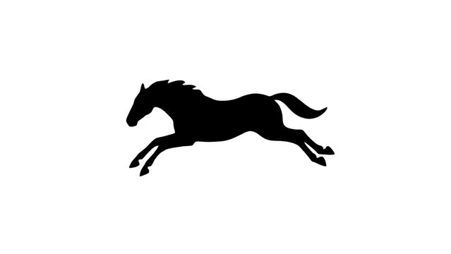 Galloping horse silhouette on white background, black stallion running in profile, equestrian animal icon for logo design