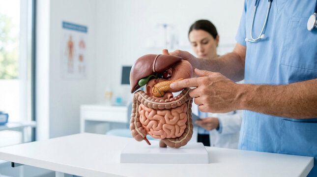 Doctor Explains Digestive System Anatomy Model to Colleague