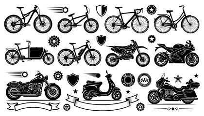 Fototapeta premium Bicycles and Motorcycles Vector Icon Set Featuring Mountain Bike Electric Bicycle Scooter Chopper and Sportbike