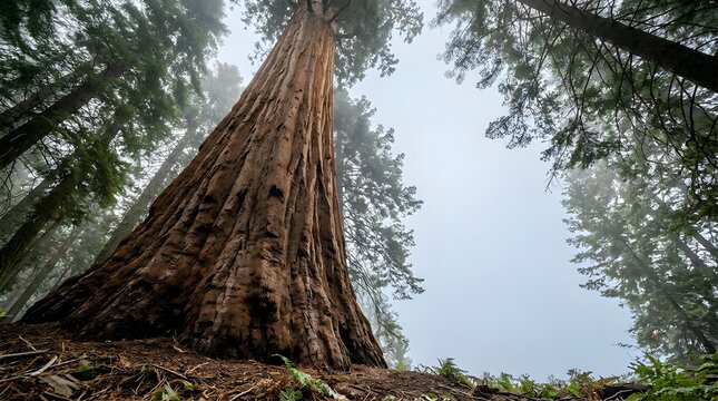 Low angle view of a giant sequoia tree in a misty forest at dawn