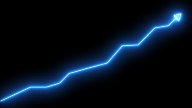 Glowing blue neon line graph rising upward on black background, for business growth, and financial success
