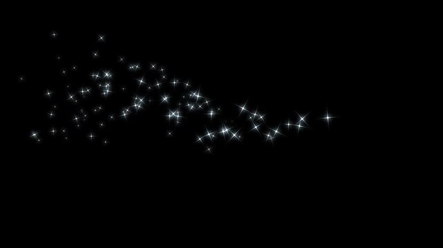 2D White fairy dust sparkle animation with glowing star trails, twinkling glitter particles, magical light streaks and elegant festive transition effect on black background in seamless 4K and UHD