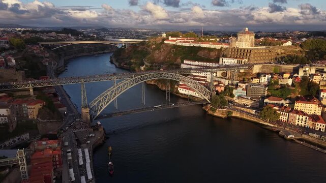 Aerial View of Dom Lu&iacute;s I Bridge and Douro River Porto Portugal