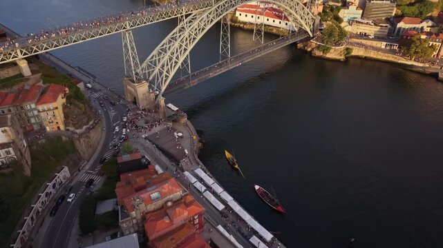 Aerial View of Dom Lu&iacute;s I Bridge and Douro River Porto Portugal