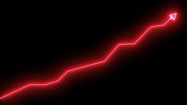 Neon red rising financial growth chart line animation on black background, finance business graph