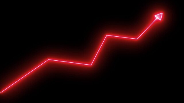 Red neon financial growth chart arrow moving upward on black background, for business analytics finance