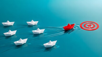 A prominent red paper boat leads a fleet of white origami boats towards a red target, symbolizing strong leadership, strategic focus, and successful goals.