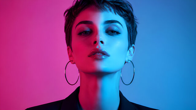 Stunning Portrait of a Confident Young Woman with Short Hair and Large Hoop Earrings Posing under Vibrant Pink and Blue Neon Lighting in a Studio Setting