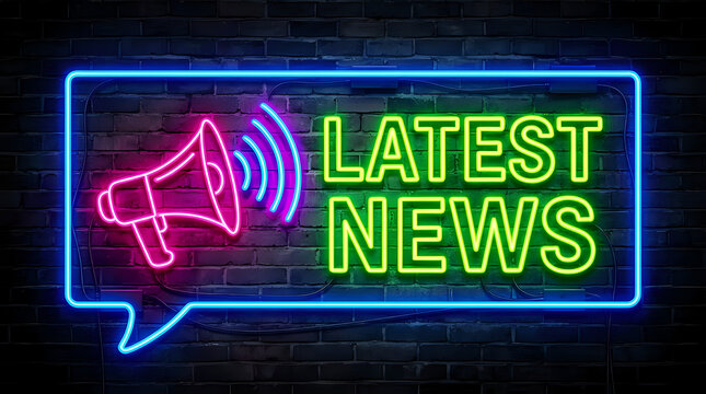 Latest news neon sign announcement in speech bubble with megaphone icon on brick wall