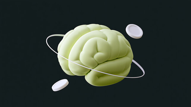 Abstract three-dimensional render of a human brain in soft green with delicate orbiting lines and white pills, on a deep dark background