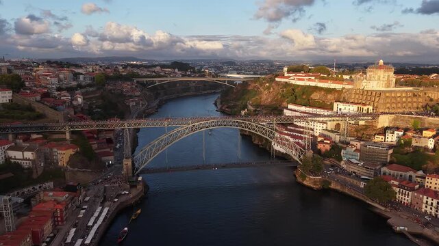 Aerial View of Dom Lu&iacute;s I Bridge and Douro River Porto Portugal