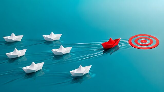 A prominent red paper boat leads a fleet of white origami boats towards a red target, symbolizing strong leadership, strategic focus, and successful goals.