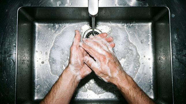 Person washing hands with soap under running water in a metal sink