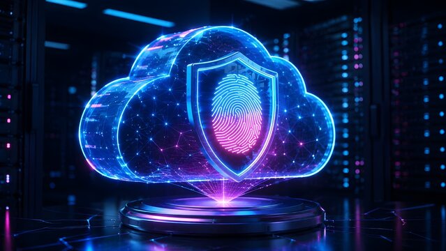 Advanced cloud computing security concept showcasing biometric fingerprint authentication for robust data protection in a high-tech server environment.