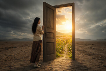 Fototapeta premium woman opening a wooden door in a barren desert leading to a bright sunny field with green path concept