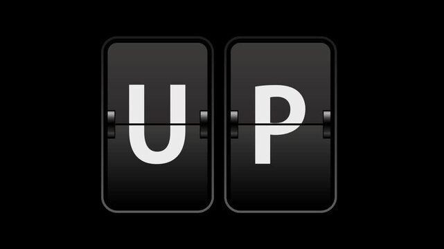 Flip text animation of a board showing the word up with transparent background video & looping alpha channel.