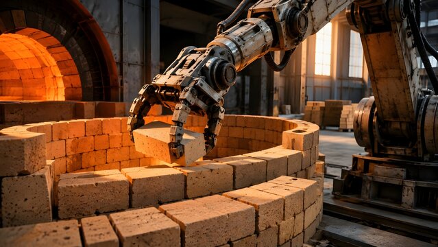 Advanced robotic arm precisely placing a brick into a glowing industrial furnace, symbolizing the future of manufacturing, automation, and heavy industry technology.