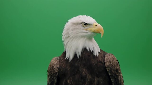 Bald eagle head turns slowly against a green screen with copy space for text overlay