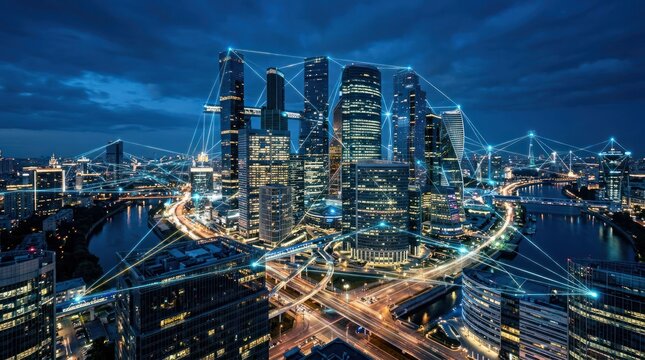 Futuristic Cityscape with Digital Network Overlay at Night 8.