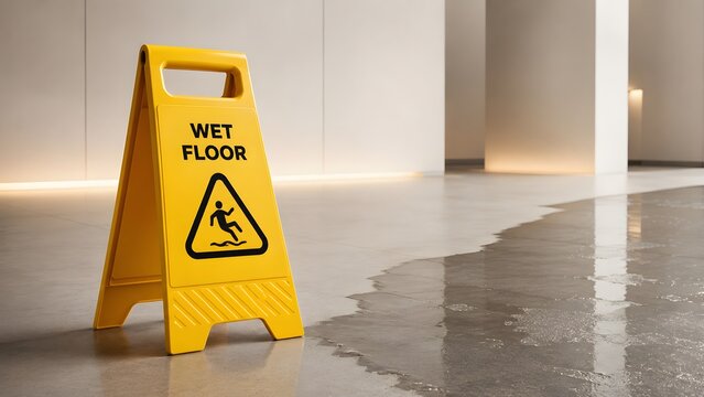 Bright 'Wet Floor' sign placed prominently on a dangerously wet and slippery floor, serving as an important warning for caution and hazard prevention.